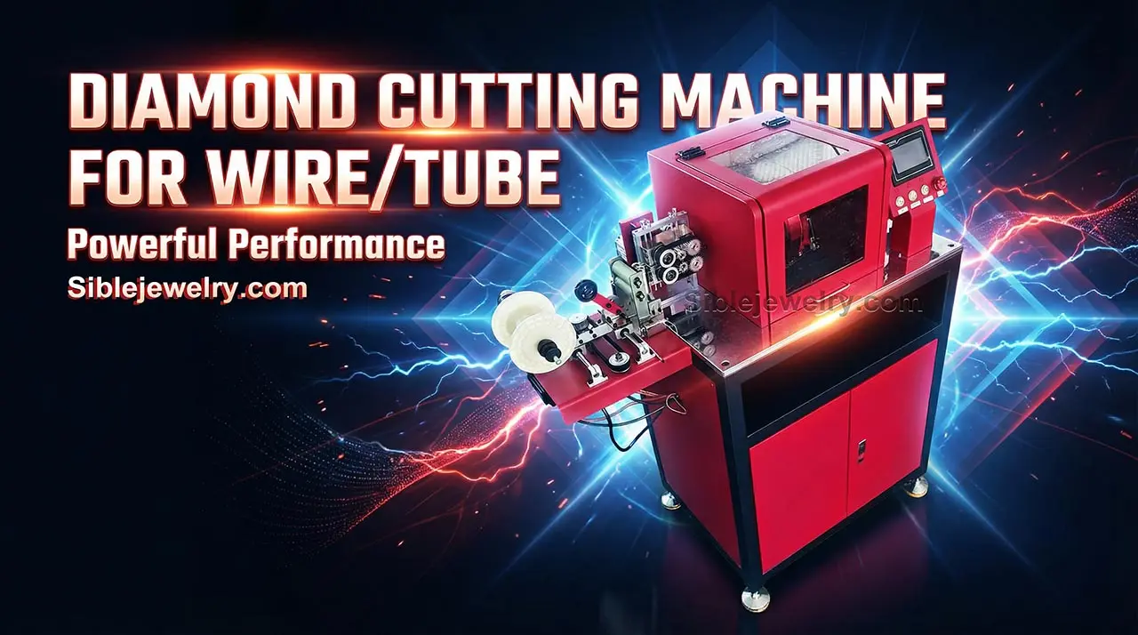 Red diamond cutting machine for jewelry wire and tube with powerful performance by SibleJewelry.com on dynamic glowing background