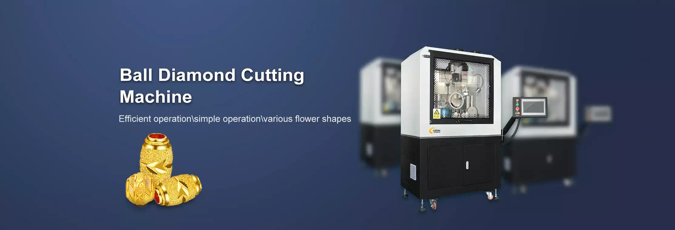 Sible Ball Diamond Cutting Machine with CNC control panel, shown with gold diamond-cut bead samples featuring various decorative flower shapes
