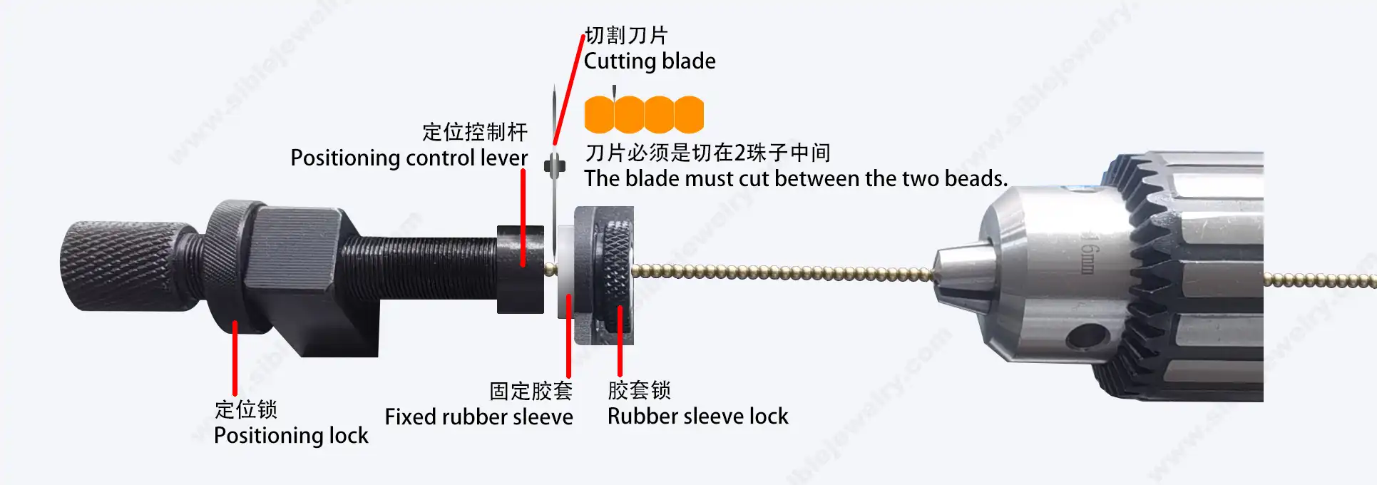 Operating instructions for a manual tube or bead cutting machine; the crucial step is adjusting the cutting position.