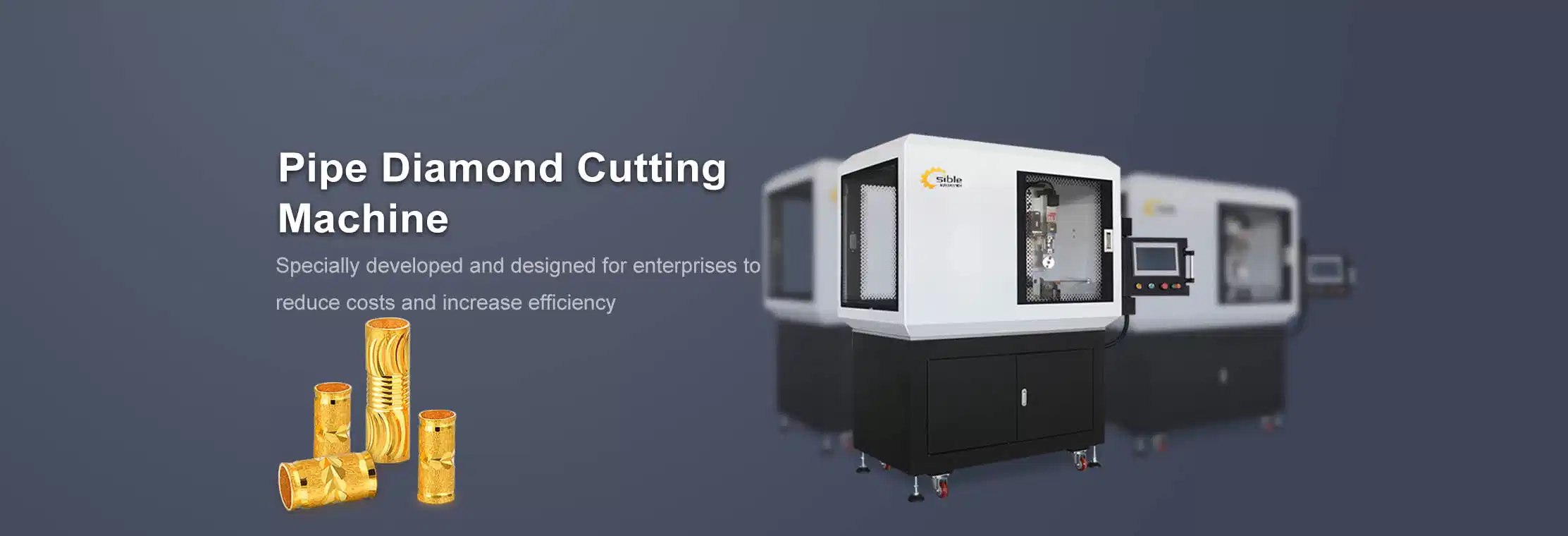 Sible Pipe Diamond Cutting Machine with CNC control, designed for enterprises to reduce costs and increase efficiency, shown with gold decorative diamond-cut tube samples