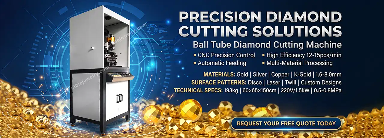 Ball Tube Diamond Cutting Machine banner — CNC-controlled, automatic feeding, 12–15 pcs/min efficiency. Handles gold, silver, copper, and K-gold with multiple surface patterns