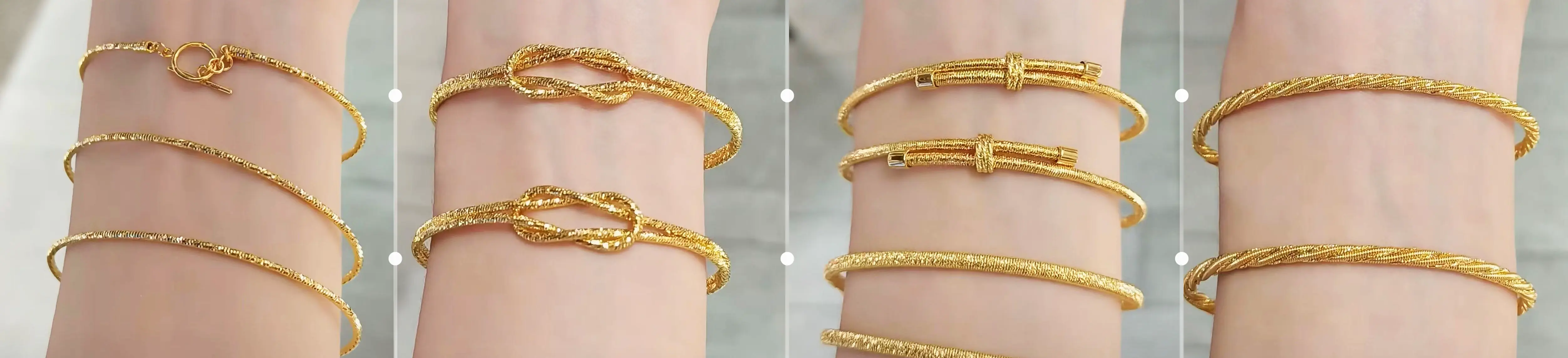 Editorial four-panel layout showcasing artisanal gold bracelet designs: fluid snake chains, sculptural knots, and woven rope textures
