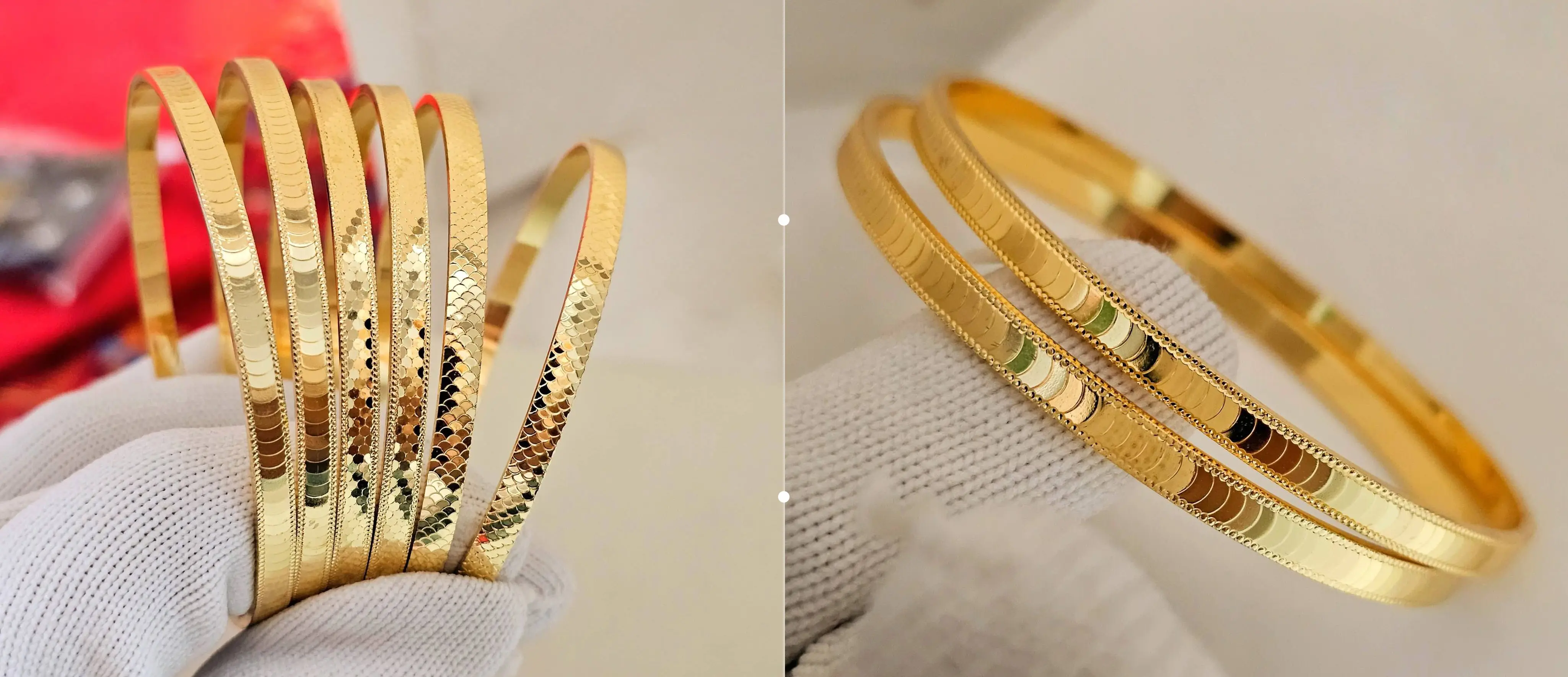 A collection of elegant gold bangles featuring intricate fish-scale and scallop engravings with CNC mirror-finish detailing. Left side shows multiple slim bangles with varied textures displayed on a gloved hand; right side presents a close-up of two bangles highlighting the reflective, precision-crafted scale patterns.